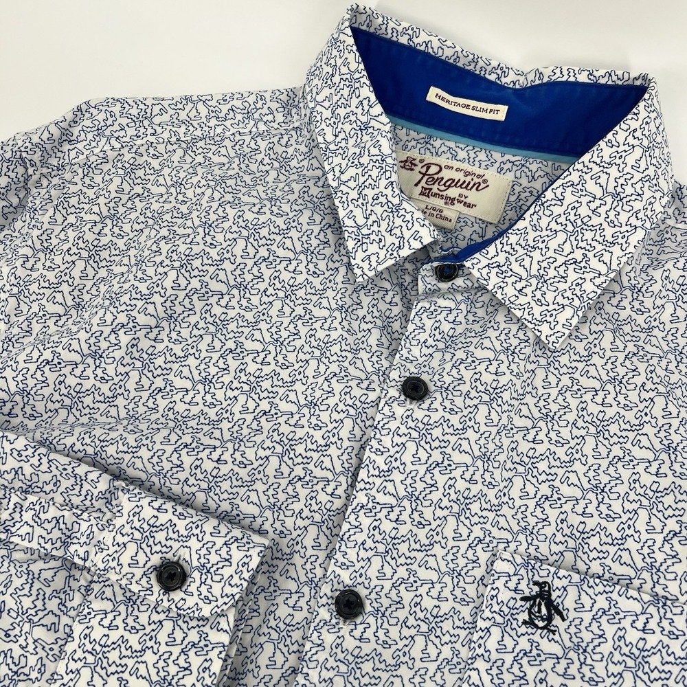 Original Penguin Heritage Slim Fit Button Up Shirt Mens Size Large White Blue